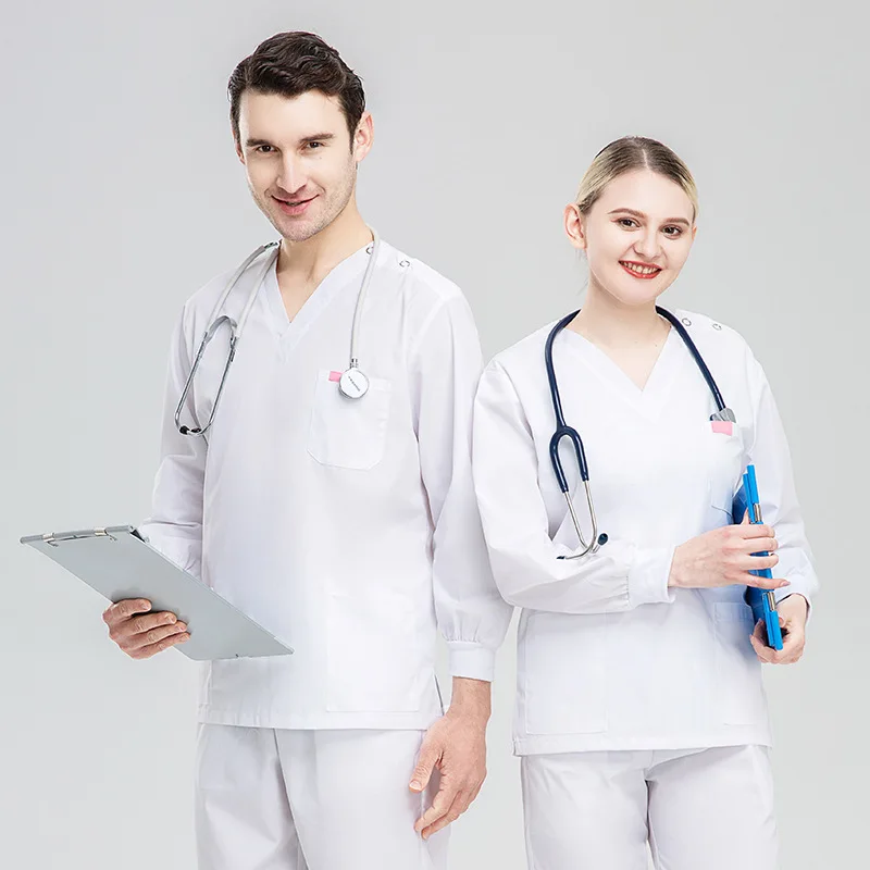 

Медицинский халат унисекс для врачей и медсестер, с длинными рукавами, V-образным вырезом, комплект, из полиэстера и хлопка, однотонный, для медицинского персонала.