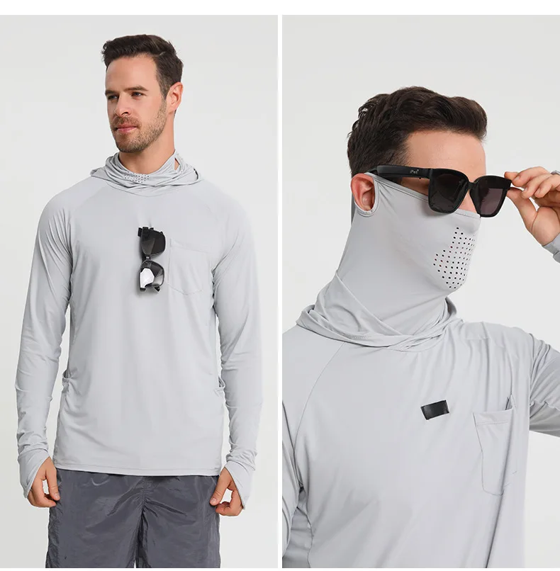 

Men Long Sleeve UPF50+Sun Protection Outdoor Water Sports Beach Fishing Clothes Hood UV Sailing Breathable Surfing Swim Shirts