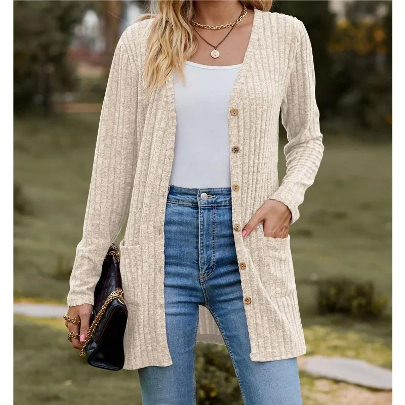 Autumn New Women\'s Milled Pit Stripe V-Neck Solid Colour Button Long Sleeve Ladies Casual Extensions Cardigan Jacket Coat