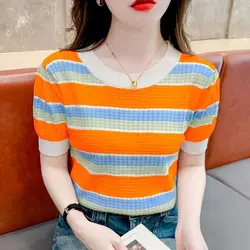 Fashion O-Neck Short Sleeve Knitted Striped T-Shirts Women's Clothing Summer New Loose Korean Tops All-match Tee Shirts