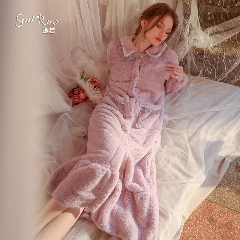 Women Purple Dressing Gown Flannel Robe Sweet Doll Collar Button Autumn Winter Pajamas Long Warm Women Homewear