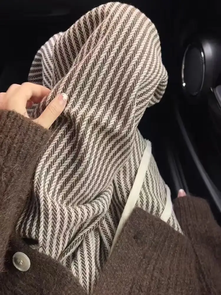 المرأة الخريف الشتاء حجم كبير 200 Pou خمر كسول الطابق طول بنطال ذو قصة أرجل واسعة الكاكي العمودي مخطط السراويل الصوفية #3