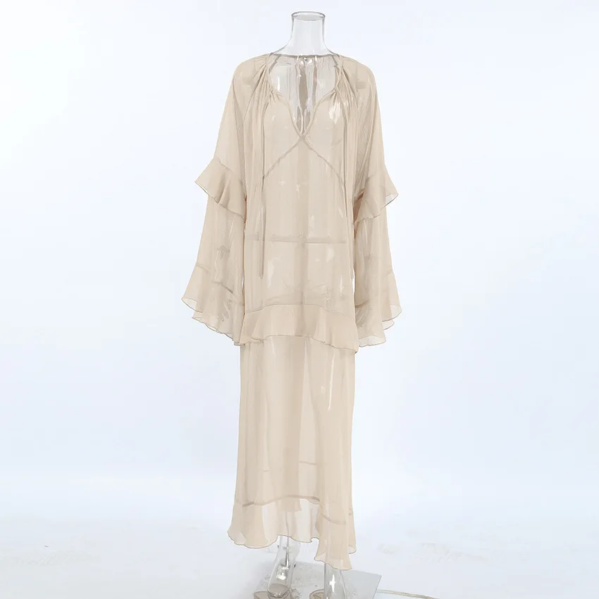 Khaki autumn and winter new ruffle edge dress 2024 European and American fashion sunscreen cover