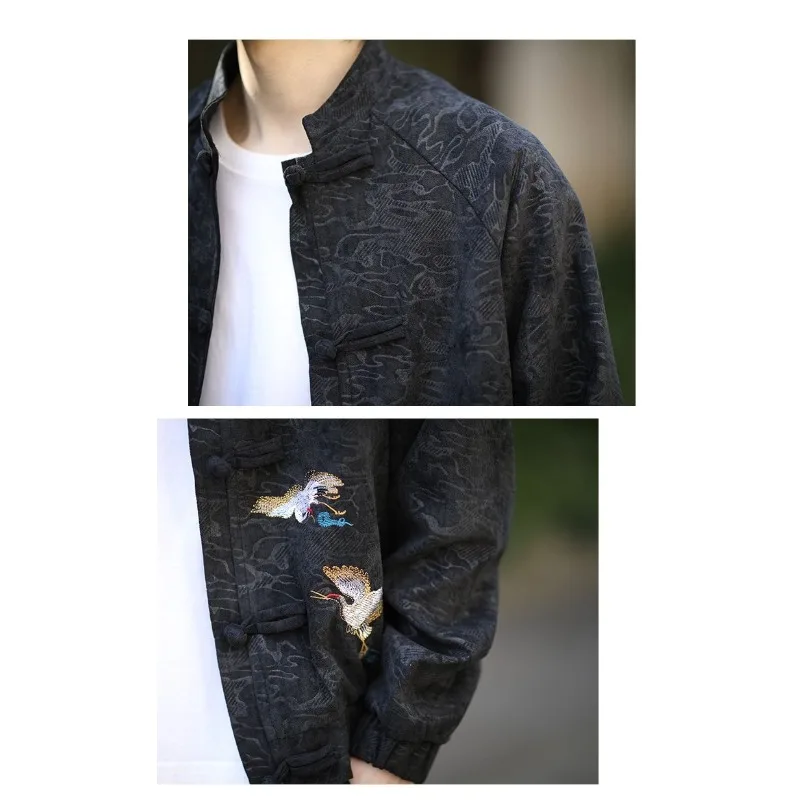 Ricamo gru in stile cinese da uomo Colletto rialzato abbottonato in stile cinese Abito Tang Primavera Casual Cappotto taglie forti Tendenza moda