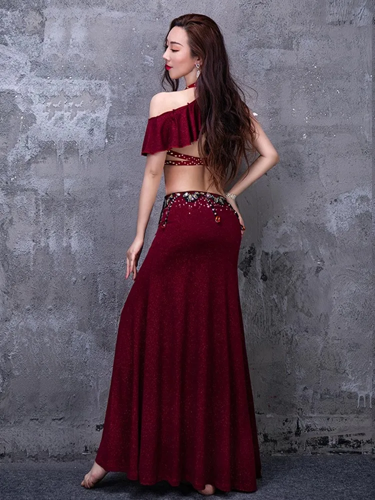 Bra and slit long skirt belly dance dress robe sexy oriental dance baladi shaab performance suit for women