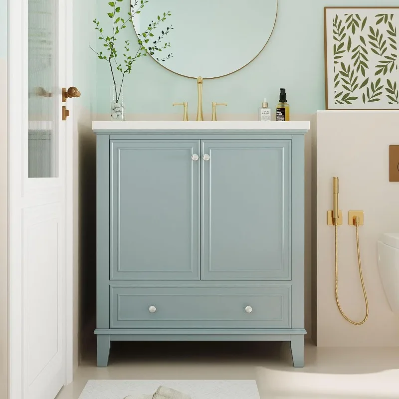 

Bathroom Vanity Cabinet With Ceramic Sink Top Set,Drawers And Storage Rack,Soft Closing Doors, Solid Wood Frame & MDF Board