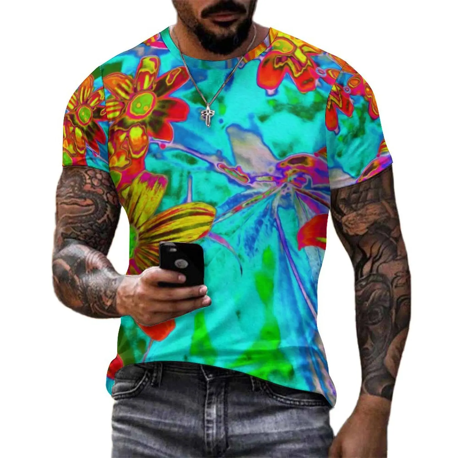 Yellow And Orange Flower T-Shirt Men Abstract Tropical Print T-Shirts Beach Hippie Tee Shirt Short Sleeve Oversize Clothing