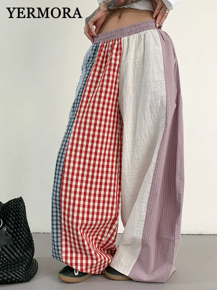 

YERMORA High Elastic Waist Color-block Striped Paid Casual Wide Leg Pants For Women Loose New Trousers Fashion Spring Summer