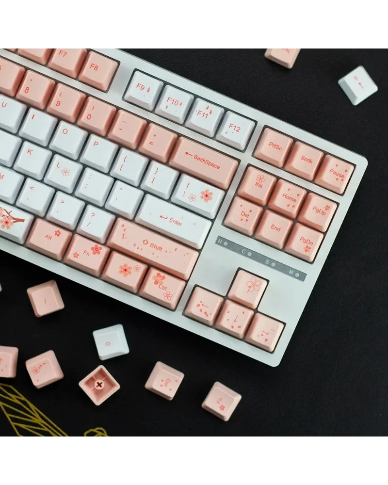 pastel pink and white two tone pbt keycaps set durable high quality for gaming mechanical keyboards