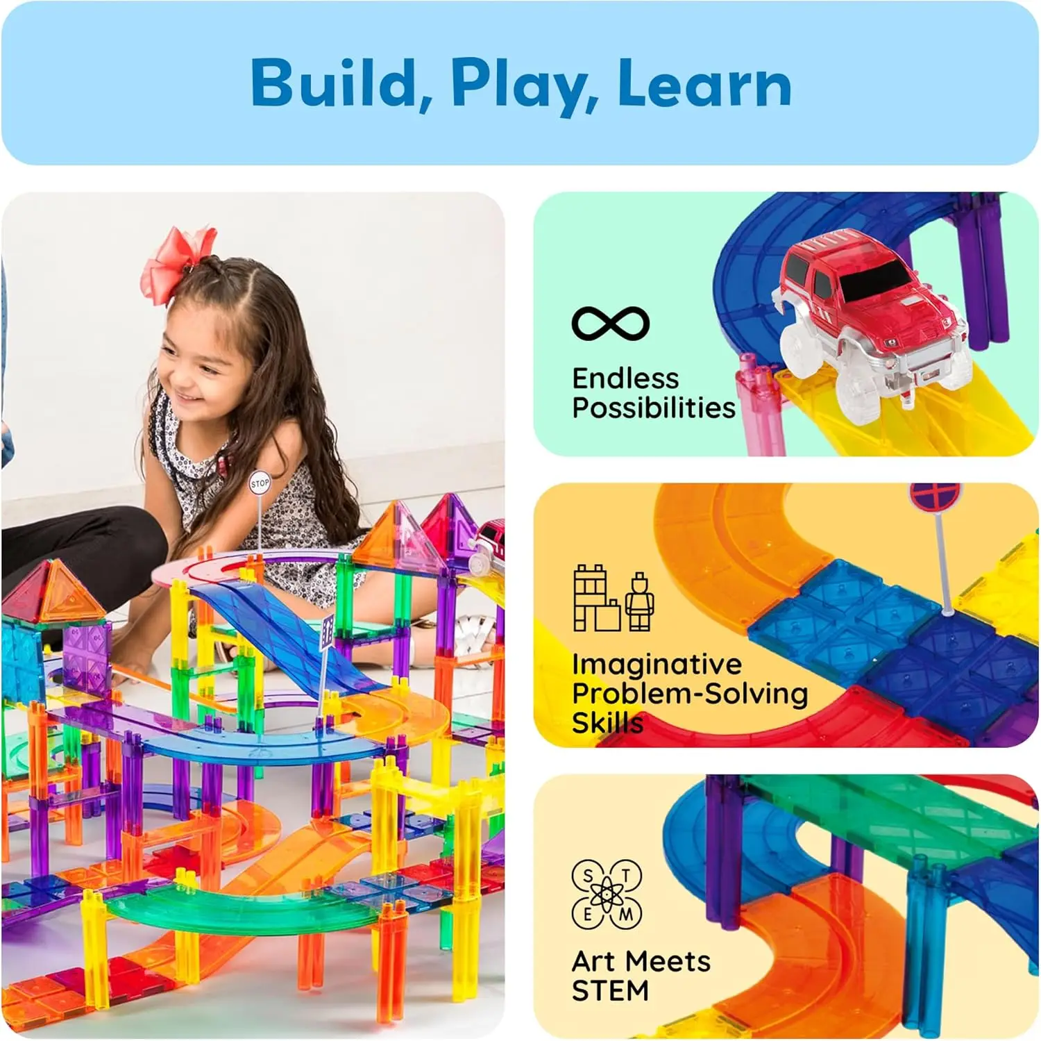 150ピース レースカートラック 組み立てブロック 知育玩具セット マグネットタイル 磁気ブロック プレイセット 4台の車 早期STEM学習セット