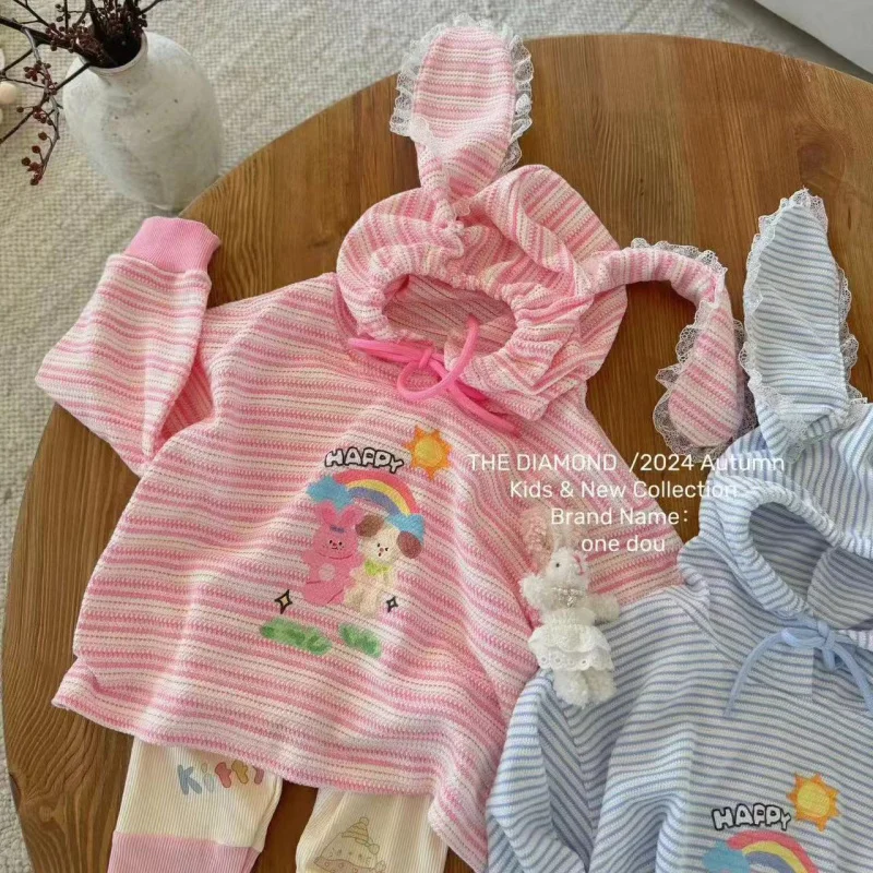 

Children's Clothing Girls Fall Hoodie New Baby Girl Sweet Rabbit Ear Stripes Long-Sleeve Suit