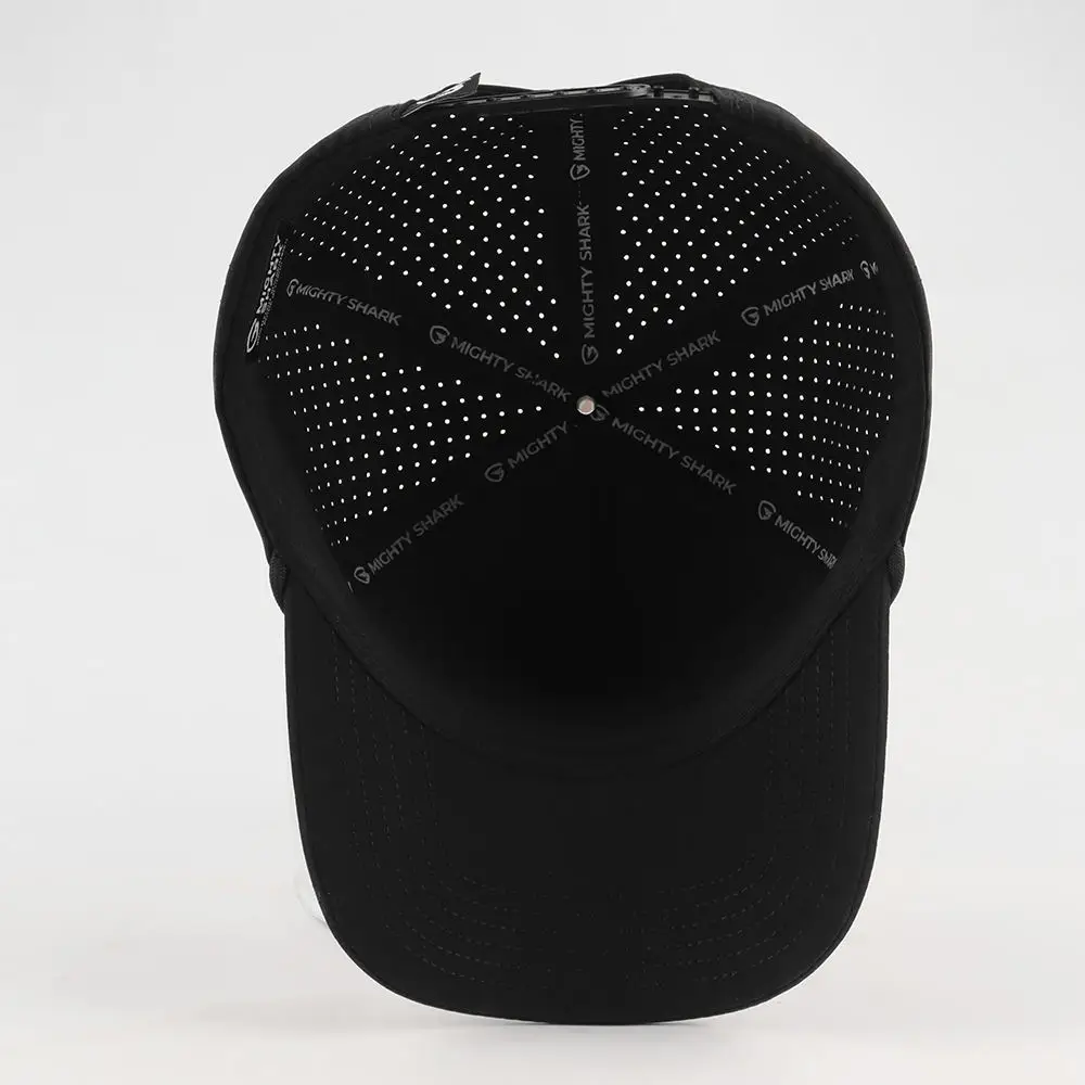 Black Waterproof Sports Running Cap with Laser Cut Hole Custom Rubber Logo Patch Men's Polyester Rope USA Performance Hat view 5