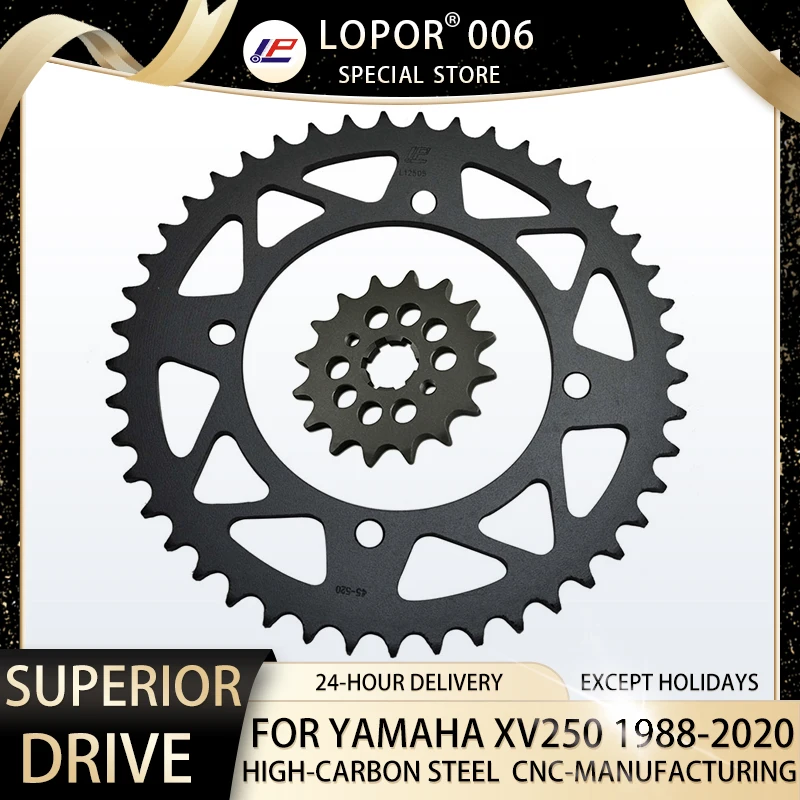 LOPOR 520 CNC 16T 45T Front Rear Motorcycle Sprocket for Yamaha XV250 3LW/S,KF Virago Route 66  V-Star XV 250 1988-2020