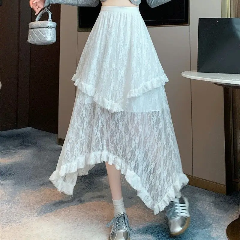 Deeptown Lace Fairycore Tulle Women Skirt Sweet Ruffle White Skirts Vintage Korean Style Streetwear Patchwork Irregular Skirt