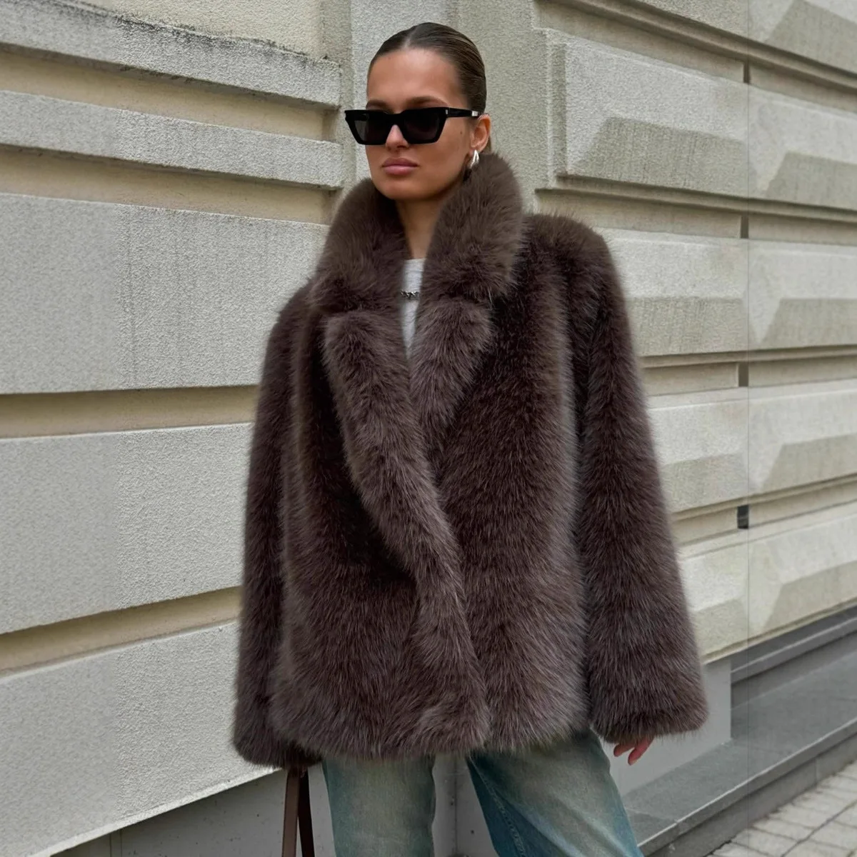 

Autumn Winter Mid-Length Faux Fur Suit Collar Brown Eco-Friendly Fur Coat Fox Fur Women's Overcoat
