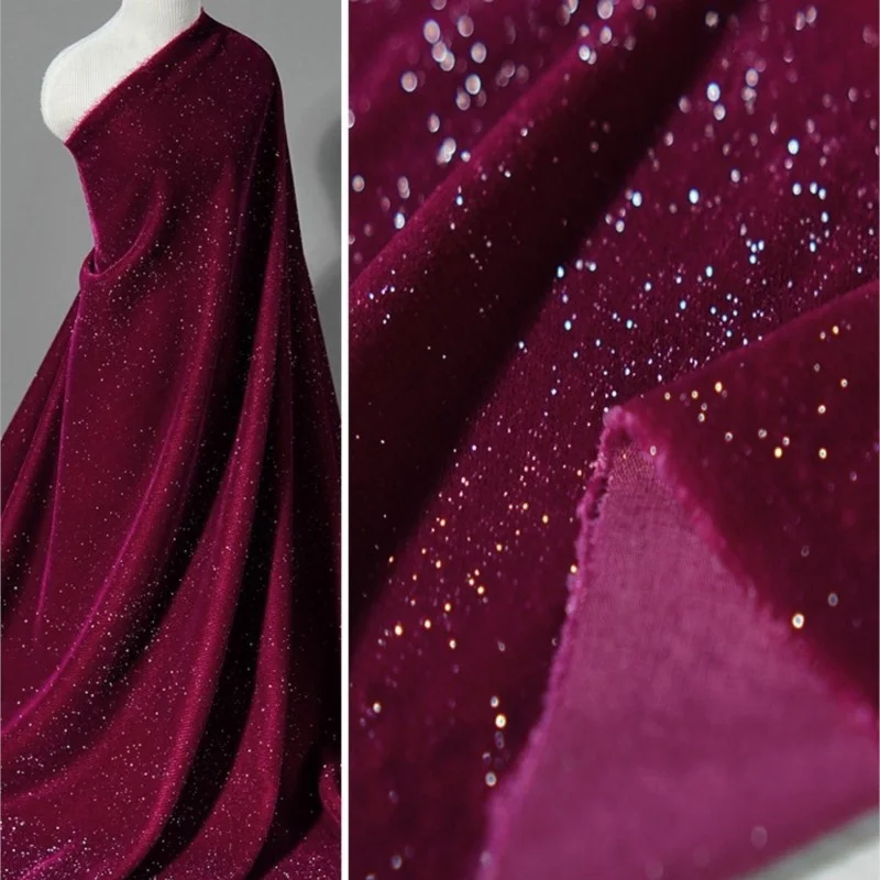 Purplish Red Bright Silk Starry Velvet Fabric Breathable Elegant Non-Elastic Woven Flash