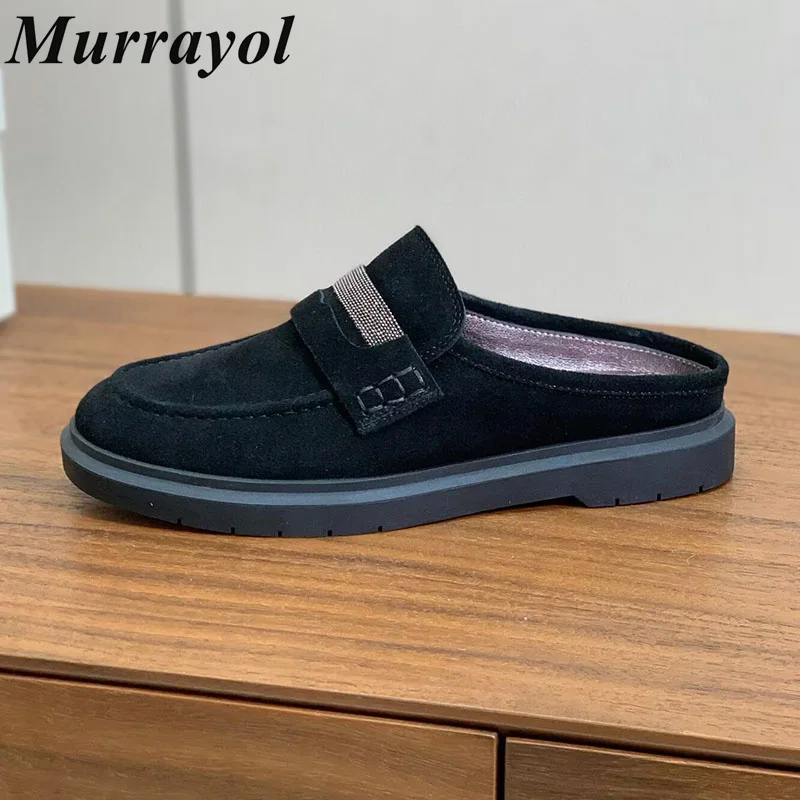 Lazy Mules Cow Suede String Bead Decor Solid Color Women's Slipper Round Toe Closed Toe  Spring Autumn Outwear Vacation Shoes