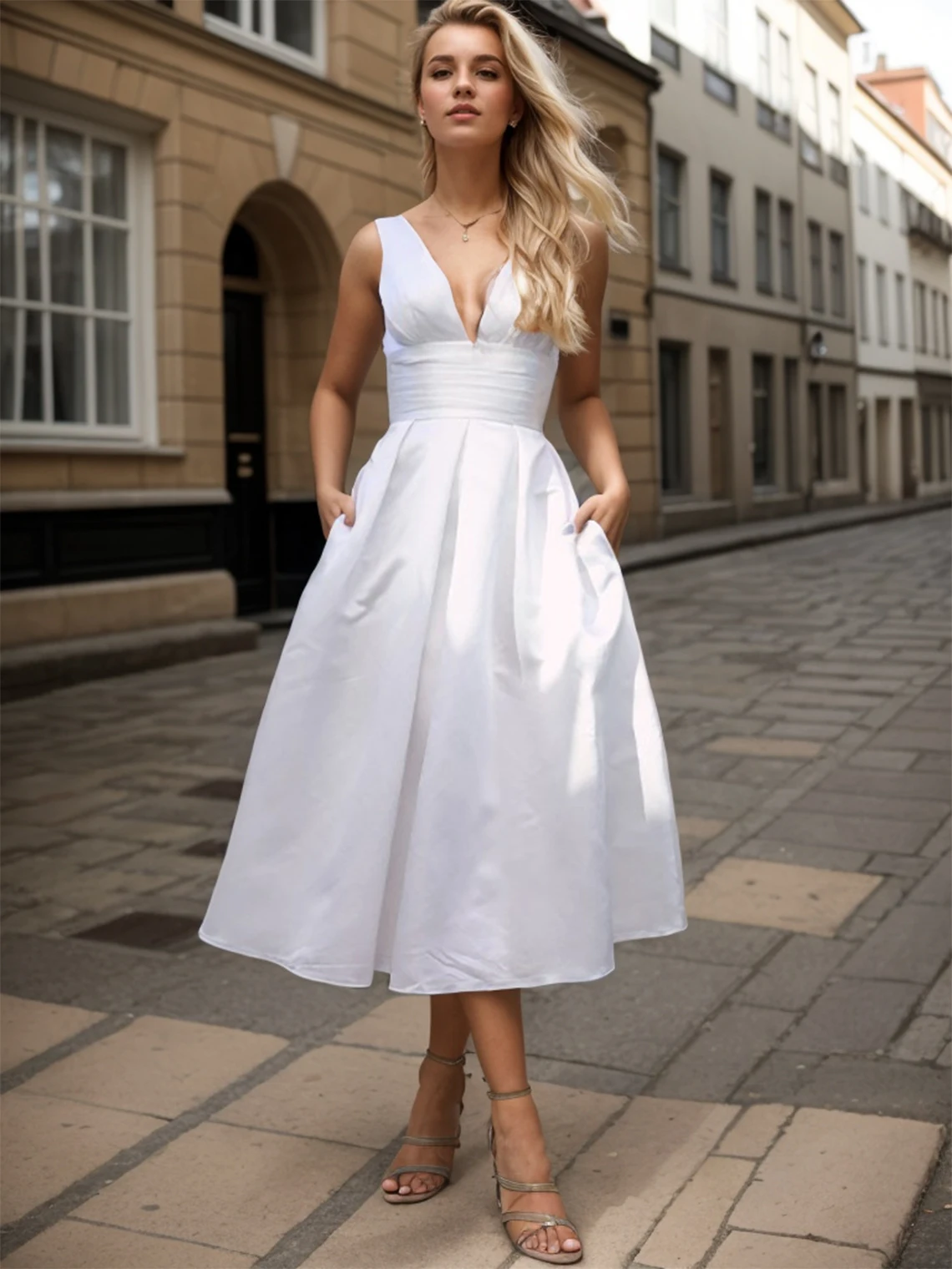 

Elegant Modern A-Line Casual White Wedding Dress Sleeveless V Neck Satin Tea Length Solid Color Bridal Gown 2025 Free Customized