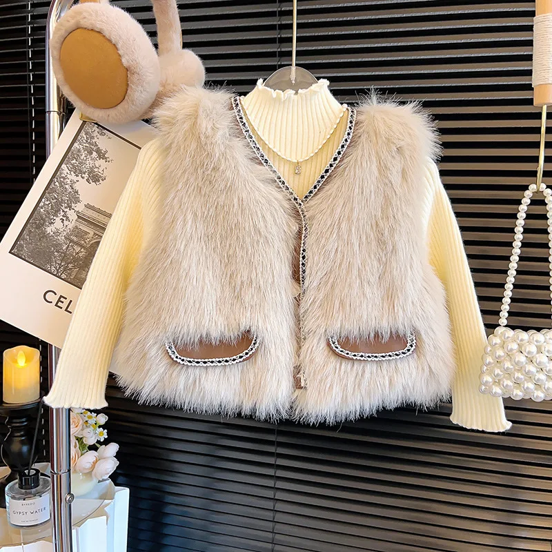 Girls\' Coat Winter New Baby Hair Sweater Fashion Winter Luxury and Westernized Middle School Children\'s Vest Fur Vest  Waistcoat