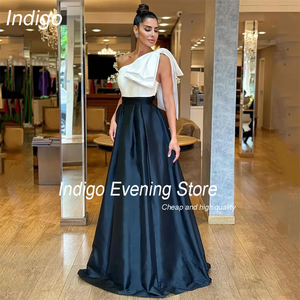 

Indigo A-Line Evening Dresses One Shoulder Pleat Satin Bow Floor-Length Open Back Prom Gown Formal Occasion Dress فساتين السهرة