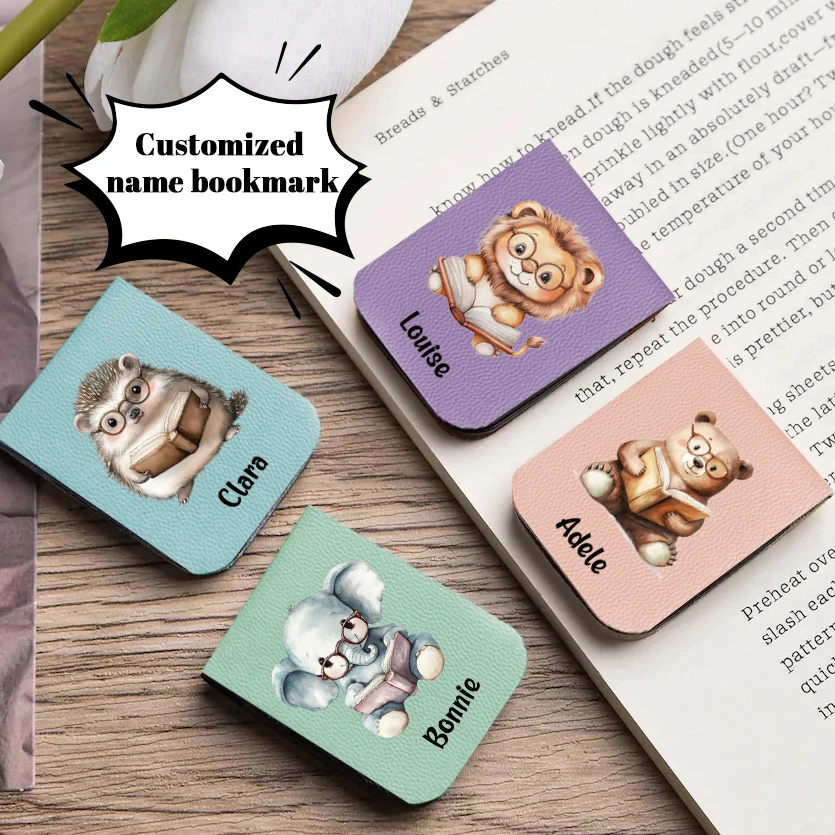 1pc naam bladwijzer met schattige dieren, aangepaste lederen schattige dieren bladwijzer, gepersonaliseerde magnetische bladwijzer, boekenliefhebber verjaardagscadeau