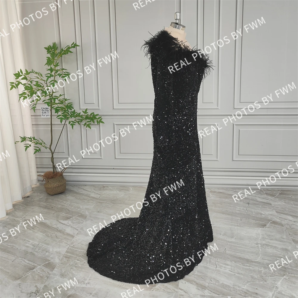 15142 #   Personalizado requintado glitter lantejoulas penas contas vestido de noite de um ombro renda split frente sweeptrain vestido de noiva