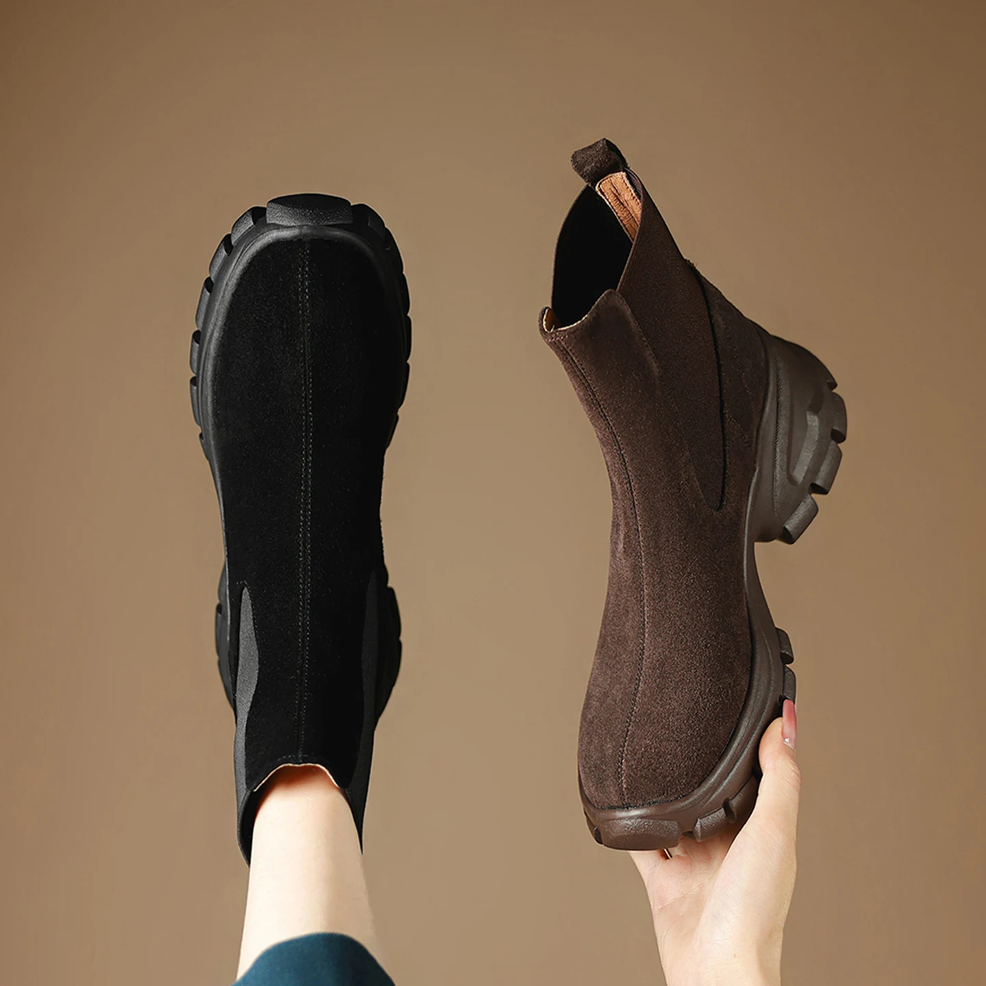 2026 new autumn winter women ankle boots natural leather plus size 22-25cm cow suede round toe thick heel chelsea boots fashion