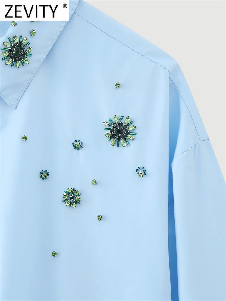 Zevity Vrouwen Mode Diamant Kraal Borduurwerk Poplin Blouse Office Dame Lange Mouw Casual Shirt Chic Chemise Blusas Tops Ls5554