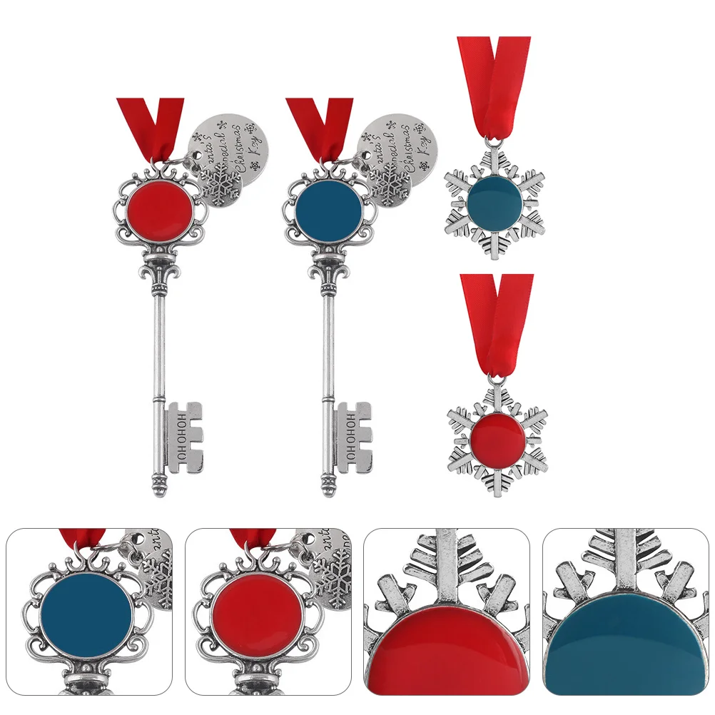 

4 Pcs Snowflake Keychains Christmas Pendants Decorations Zinc Alloy Ribbon Pendant Gifts for Indoor Party Bar Restaurant Xmas