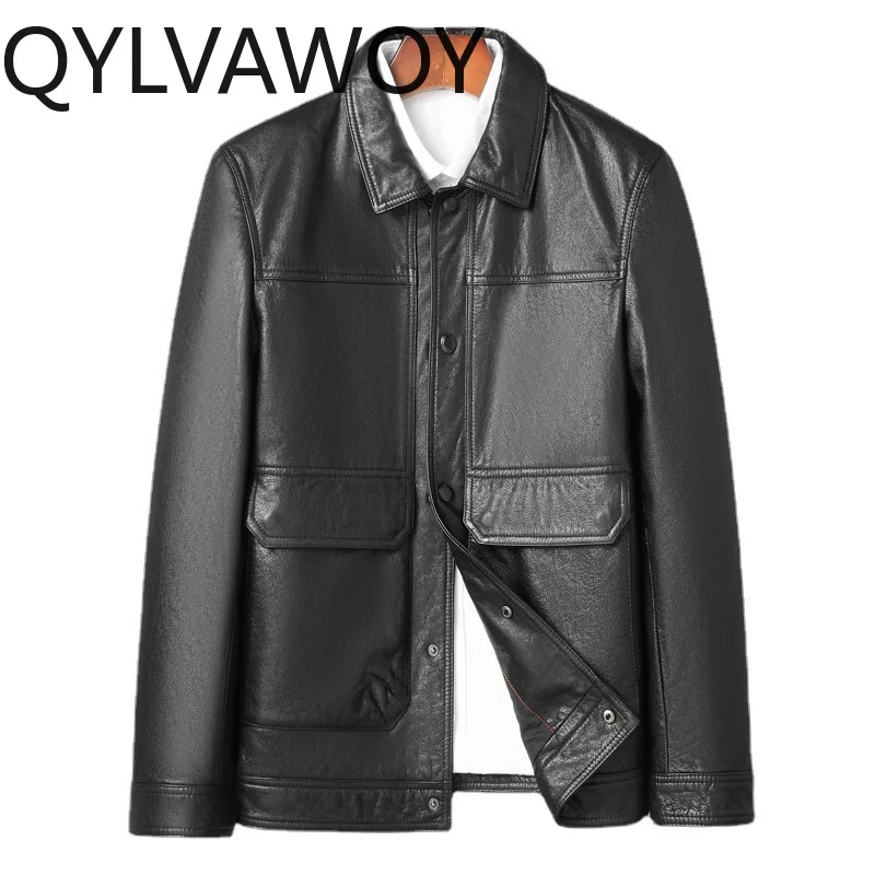 

Кожаная мотоциклетная куртка QYLVAWOY из натуральной воловьей кожи, черная, из высококачественной кожи, мужская, приталенная, укороченная, с отложным воротником
