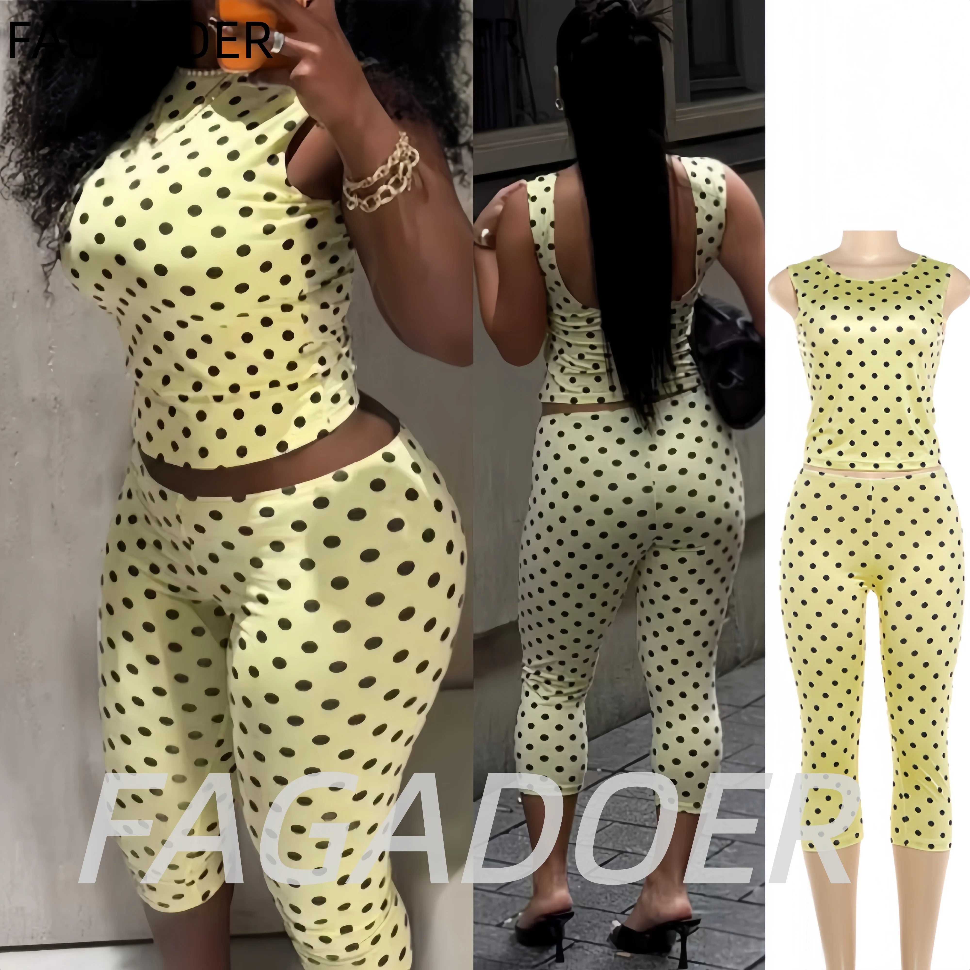 

FAGADOER Yellow Weet Polka Dot Bodycon 2 Pcs Sets Women Print Backless Crop Top + Capri Pants Outfits Street Party Club Suits