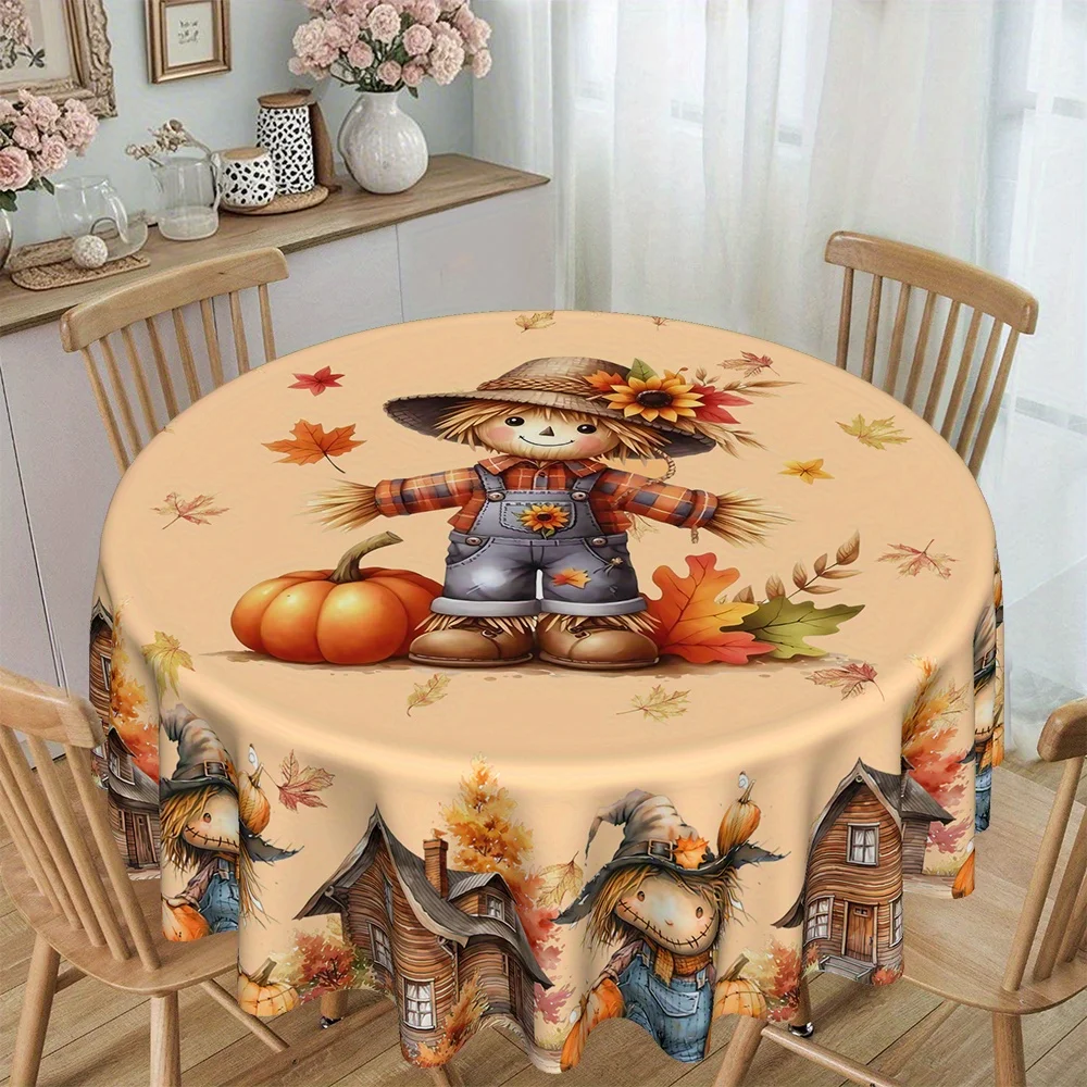 JIT, 1pc Autumn Harvest Thanksgiving Classic Farmhouse Style Strawman Pumpkin Printed Kitchen Dining Round Tableclothzyc