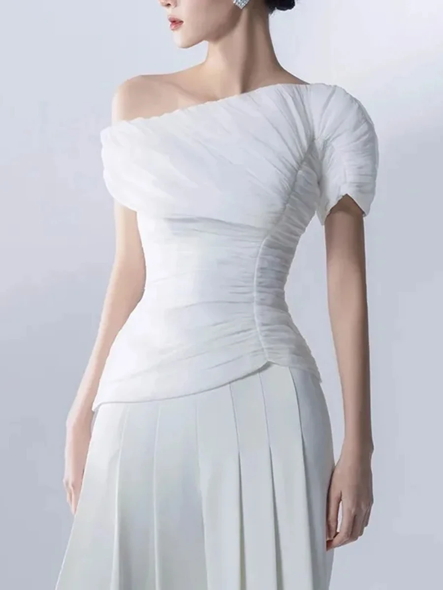 VGH Temperament Solid Two Piece Sets For Women Diagonal Collar Single Shoulder Sleeve Top High Waist Pants Chic Sets Female New