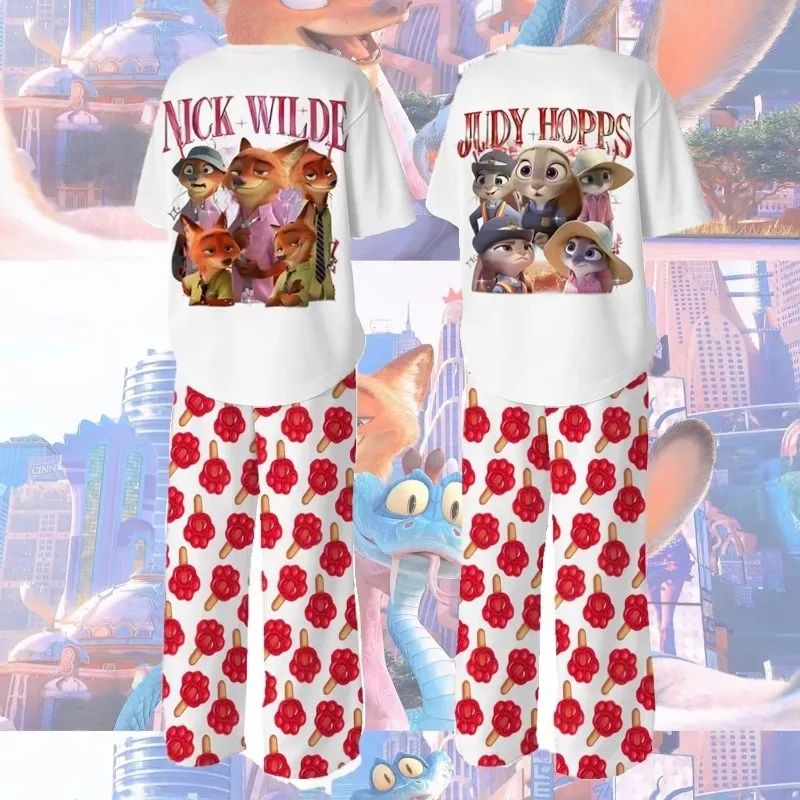 

2026 Trendy New Year The Zootopia Nick and Judy Summer T Shirt With Pajama Pants Oversized Suit Adult Kids Couple Matching Kit