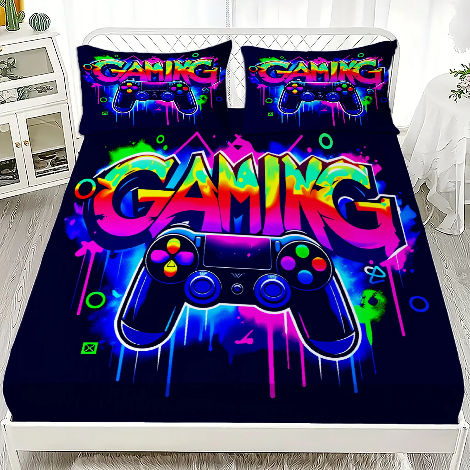3PCS Neon Graffiti Gaming Controller Fitted Sheet Flat Sheet Set Vibrant Gaming Bed for Teen Boys Queen Size Trendy Room Decor