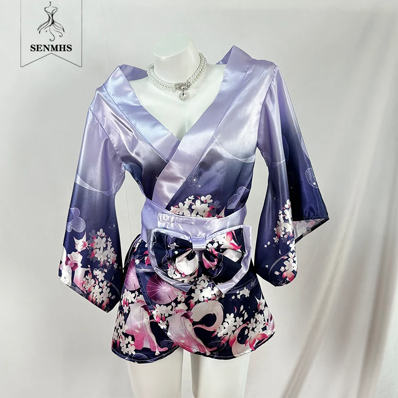 

SENMHS Soft Silk Bow Japanese Kimono Cosplay Uniform Sexy Deep V Lingerie Flower Room Fox Dream Anime Purple Temptation Pajama