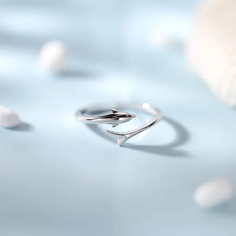 CIAXY Silver Color Sweet Cute Mini Dolphin Whale Fresh Resizable Opening Rings Fine  Jewelry for Women Party Bijoux