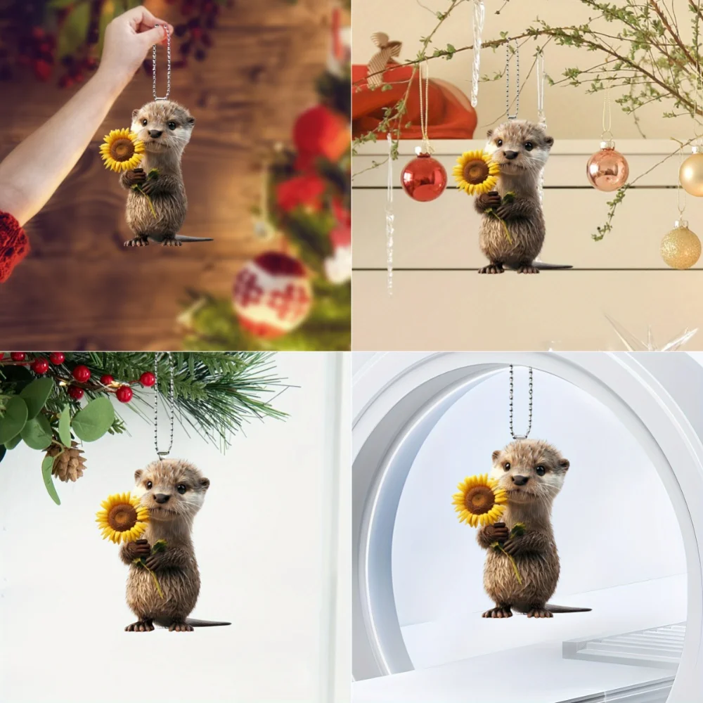 2D Otter with Sunflower Acrylic Pendant Cute Animal Keychain Versatile Charm Cartoon Decor for Car Backpacks Festive Party Gift