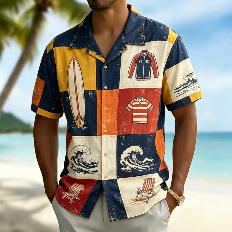 

Men's plaid patchwork themed printed Hawaiian shirt, for summer vacations, beach parties, daily wear, and music festivals