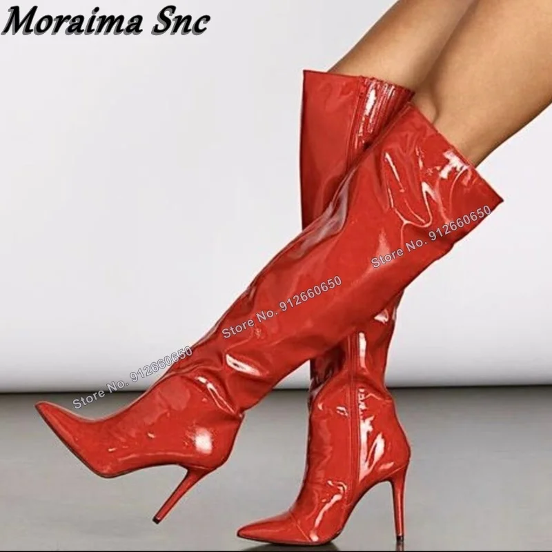 Moraima Snc Red Knee High Patent Leather Boots for Women Pointed Toe Knee High Boots Thin High Heels Runway Zapatillas Mujer