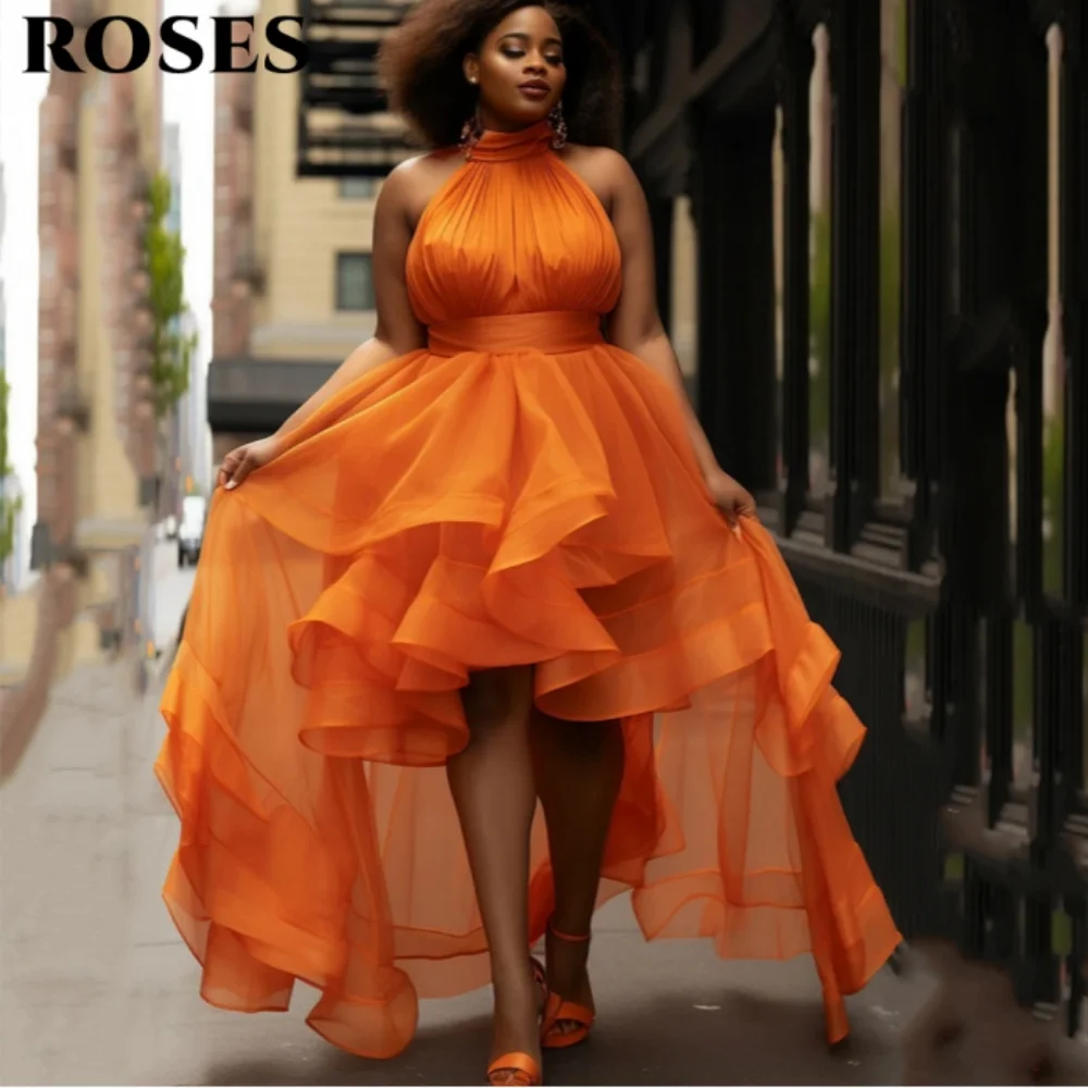 

ROSES Orange Color Africa Prom Dresses Halter Sleeveless Evening Gown Organza Ankle-Length Formal Gown robes du soir Customized