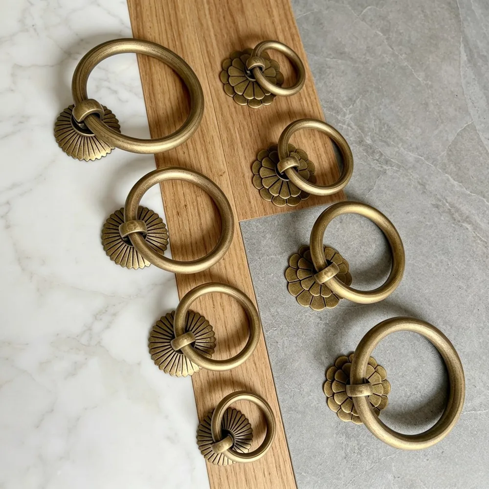 2Pack Antique Brass Kitchen Cabinet Ring Pulls Vintage Drawer Dresser Knobs Cupboard Door Handles Retro