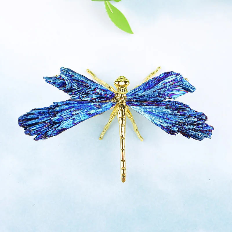 1PC Natürliche Kristall Aura Galvanik Blau Turmalin Libelle Handgemachte Handwerk Hause Dekoration Geschenk Souvenir