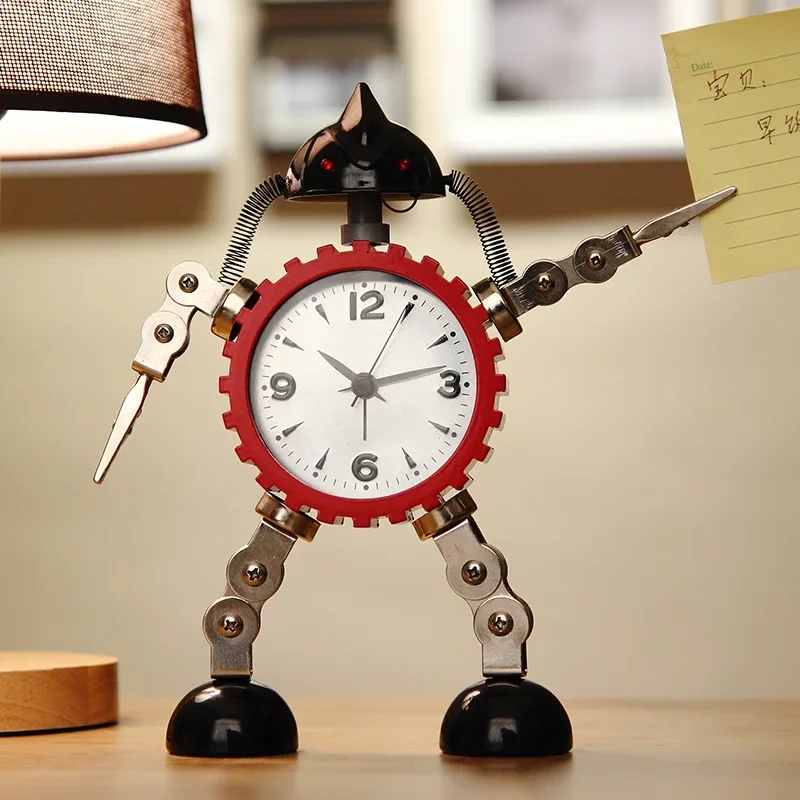 Alarm Clock Metal Robot with Arm Clip Cartoon Children Cute Silent Alarm Clock Watch Student Gifts Bedroom Desktop Alarm Clocks