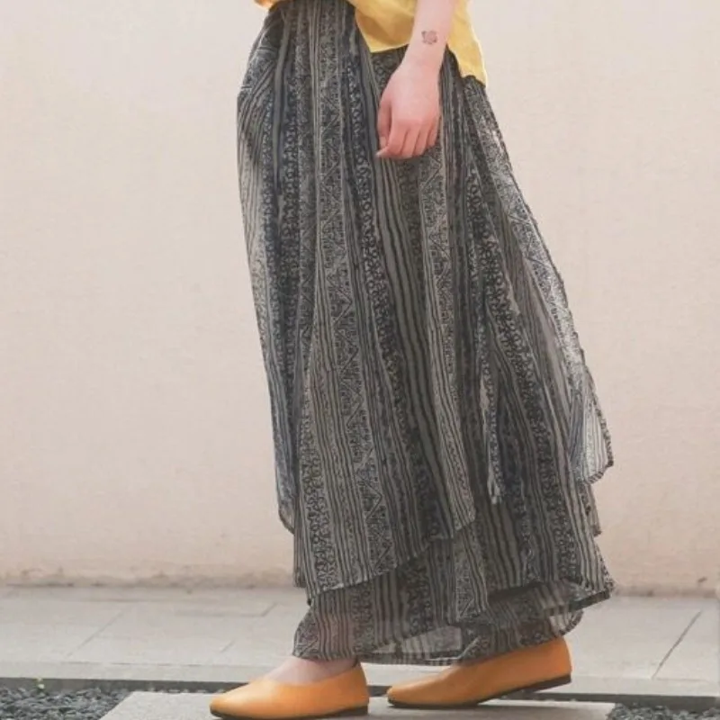 Spodnie-spódnica z lyocellu na wiosnę i lato, lekkie, z nadrukiem, dwuwarstwowe, luźne, z szerokimi nogawkami, słodkie, długie, w kształcie litery A, bawełniana spódnica.