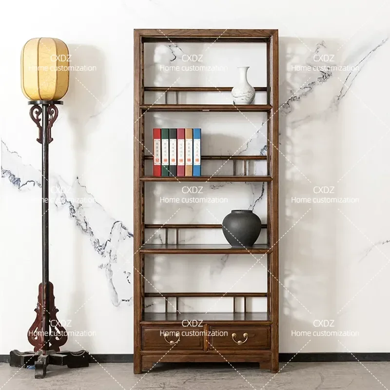 Vintage Elm Wood Bookshelf Living Room Tea Cabinet Partition Display Shelf Retro Chinese Storage Rack