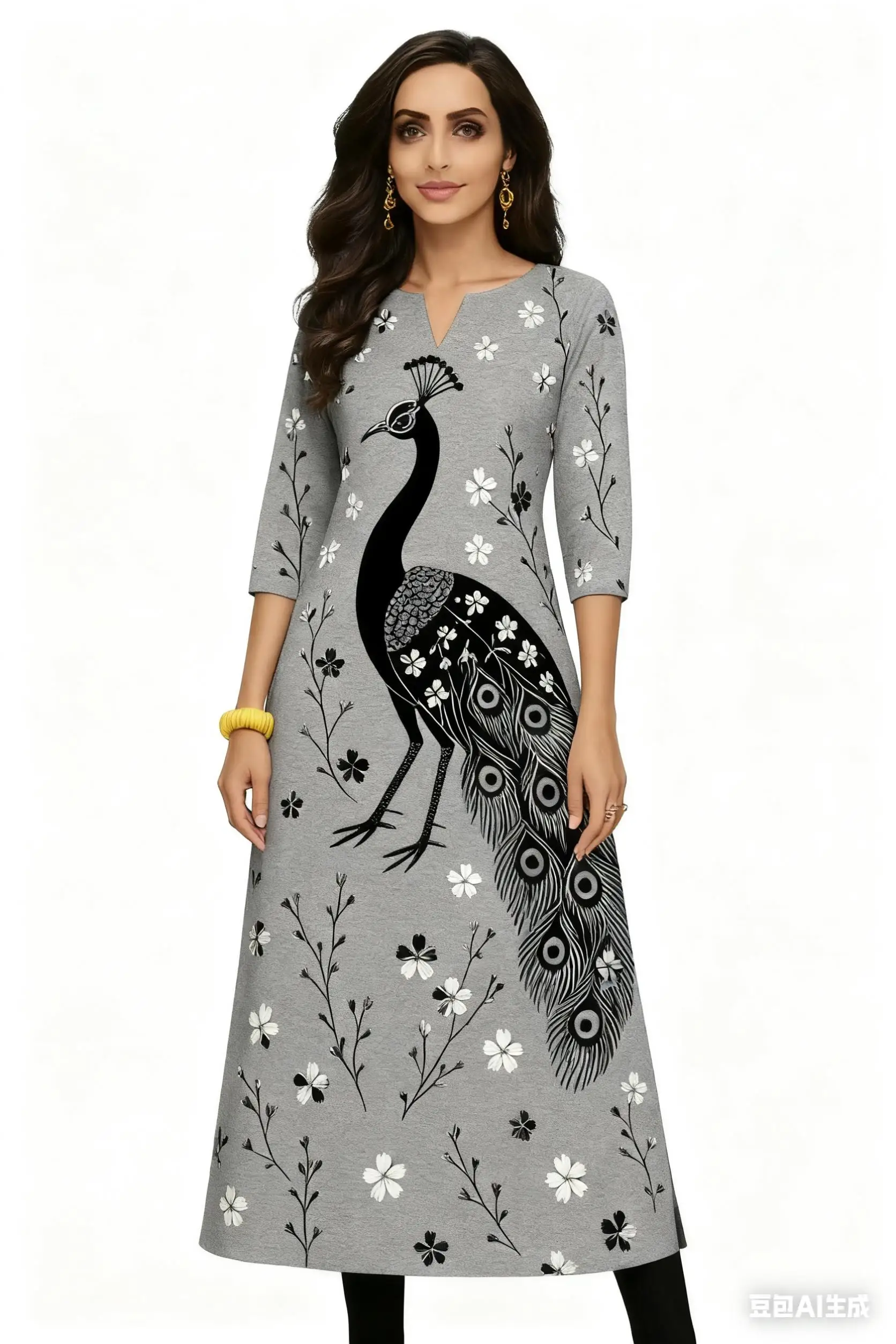 Musulmano Pavone Kurtta Abito moda casual da donna a maniche lunghe Tubo dritto Casual Fiore etnico Abaya Musulmane Abito modesto