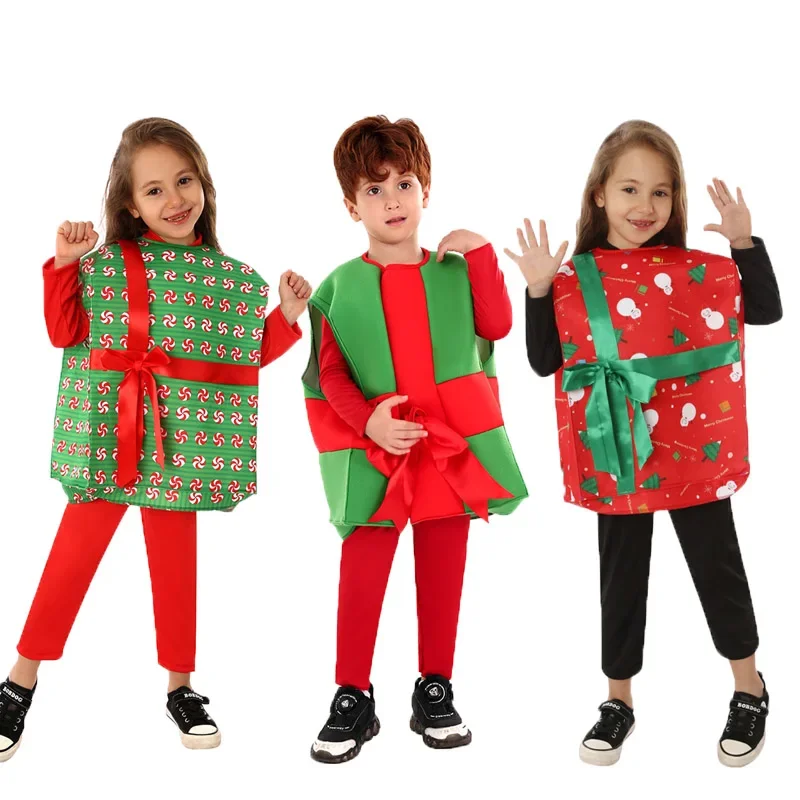 

Новогодние рождественские детские костюмы, подарочная коробка Санта-Клауса, костюмы для мальчиков и девочек, рождественское платье, вечерние праздничные костюмы для выступлений