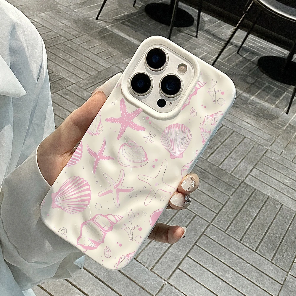

Summer Seashells Art Phone Case For iPhone 17 16 15 14 13 12 11 Pro Max 14 15 Plus 17Air Wrinkle Wave Soft Silicone Drop Cover
