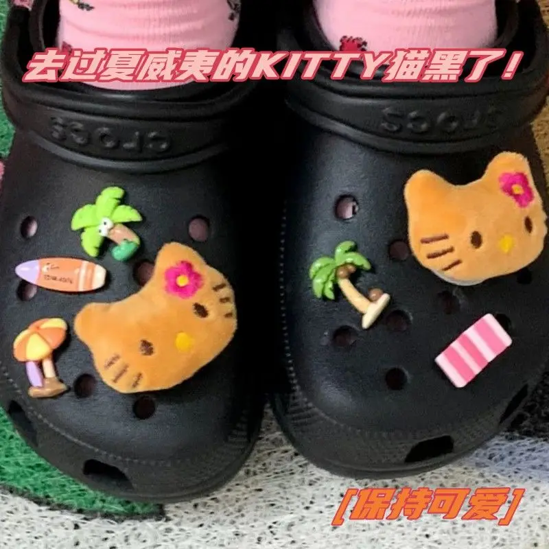 Sanrio black skin Hello Kitty crocs shoe buckle Hawaii KT cat kawaii shoe flower Creative DIY Accessories gift boys and girls